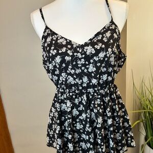 Boture Black  Floral Babydoll Tank Top Flowy Cami Spaghetti Strap peplum L